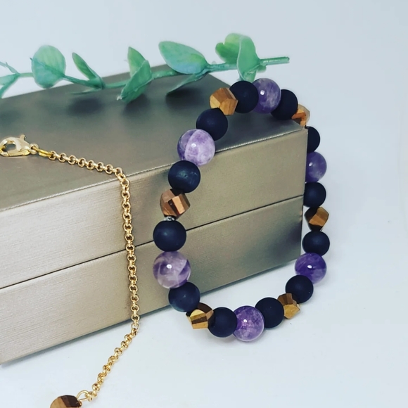 Amethyst, Matte Black Beads and golden Czech glass set - Picture 2 of 4